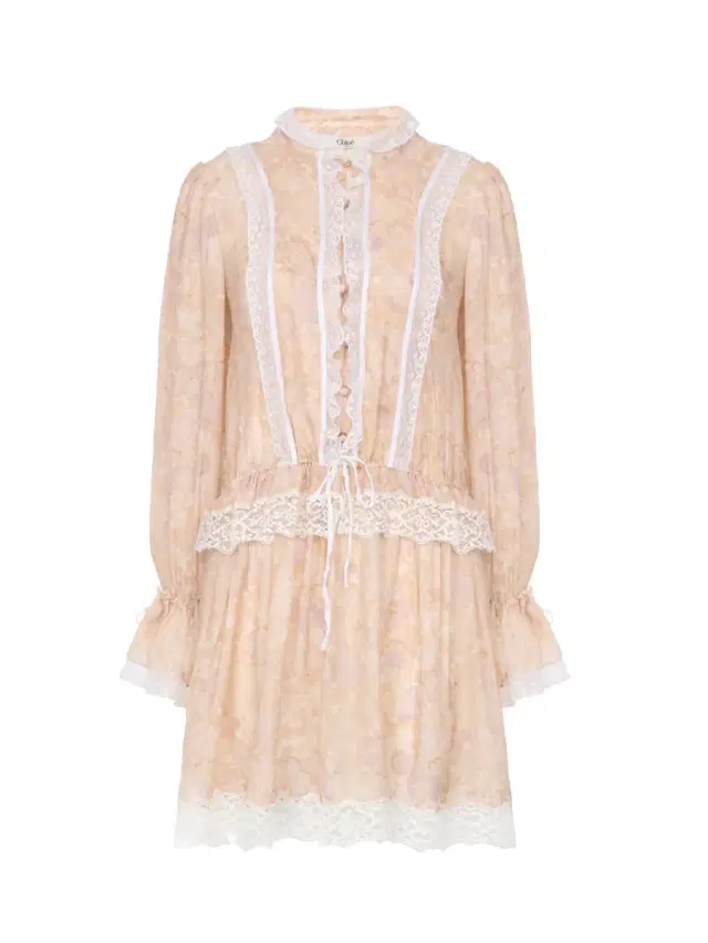 Chloé Puff-sleeve mini dress in silk charmeuse & lace