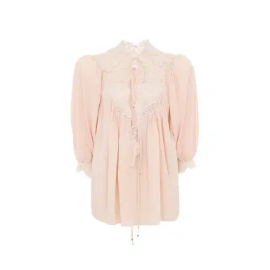 Chloé Fluid puff-sleeve top in crêpe de chine & lace | Thumbnail 1 Chloé Fluid puff-sleeve top in crêpe de chine & lace | Thumbnail 1