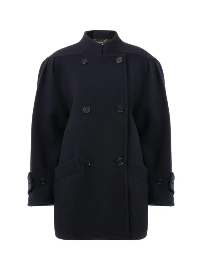 High-neck double-breasted coat in wool