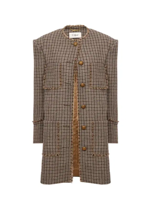 Chloé Single-breasted collarless coat in houndstooth wool