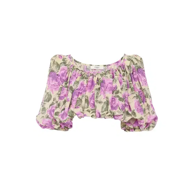 Puff-sleeve cropped top in silk jacquard Puff-sleeve cropped top in silk jacquard