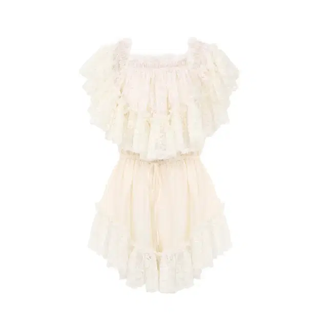 Chloé Off-the-shoulder mini jumpsuit in washed silk satin & lace