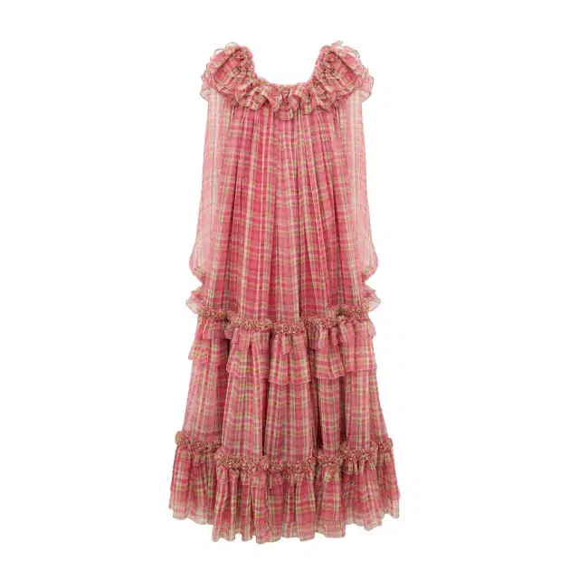 Chloé Square-neck midi dress in check silk mousseline