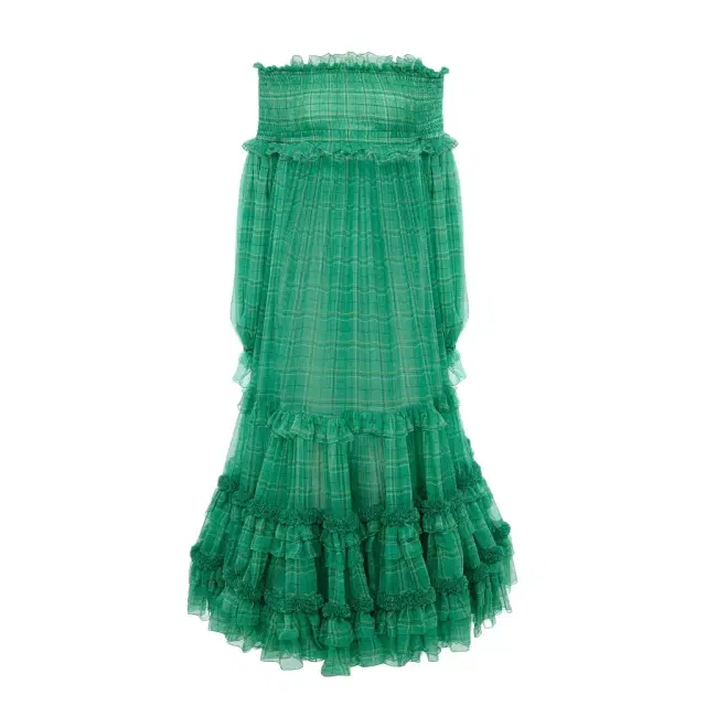 Chloé Off-the-shoulder long dress in check silk mousseline