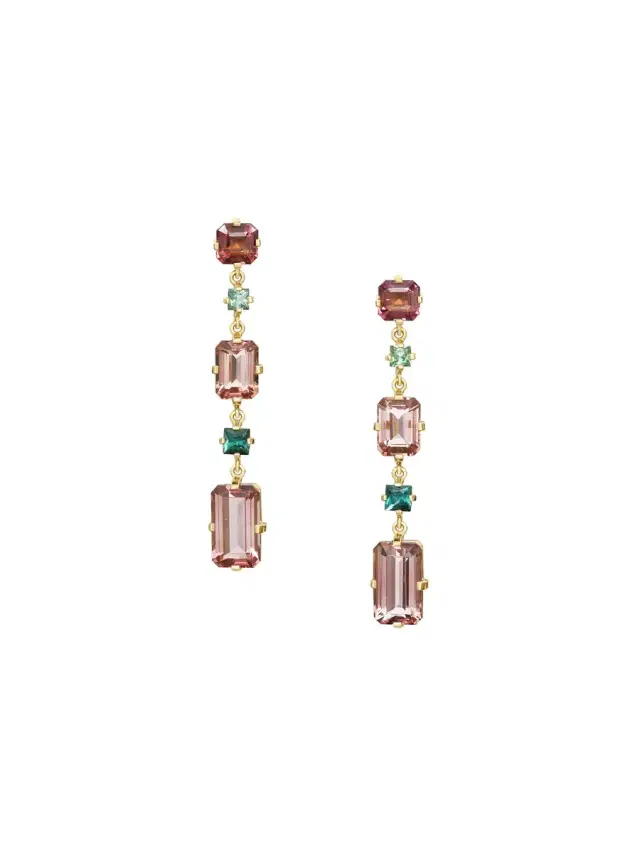 YI COLLECTION Pink Tourmaline and Indicolite Cascade Bar Earrings