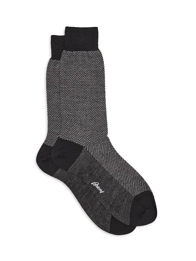 Brioni Men's Wool Herringbone Jacquard Socks - Flannel