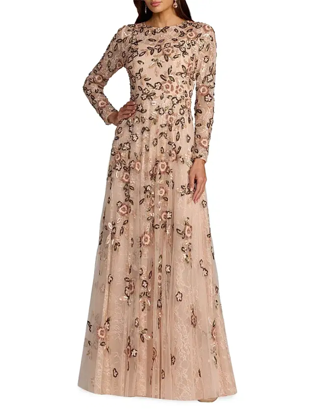 Mac Duggal Women's Sequined Mesh A-Line Gown - Rose Multi