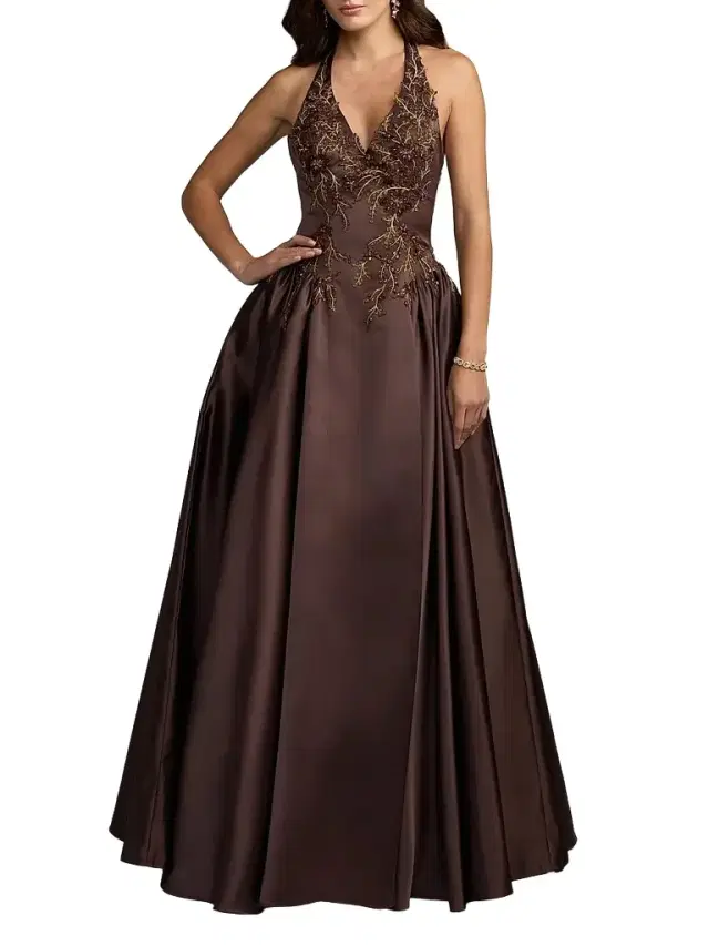 Mac Duggal Women's Satin Beaded-Bodice Gown - Chocolate
