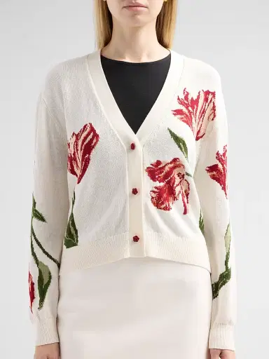 Alice + Olivia Women's Bradley Floral Intarsia-Knit Short Cardigan - Soft White Multi - Size XL | Thumbnail 5 Alice + Olivia Women's Bradley Floral Intarsia-Knit Short Cardigan - Soft White Multi - Size XL | Thumbnail 5