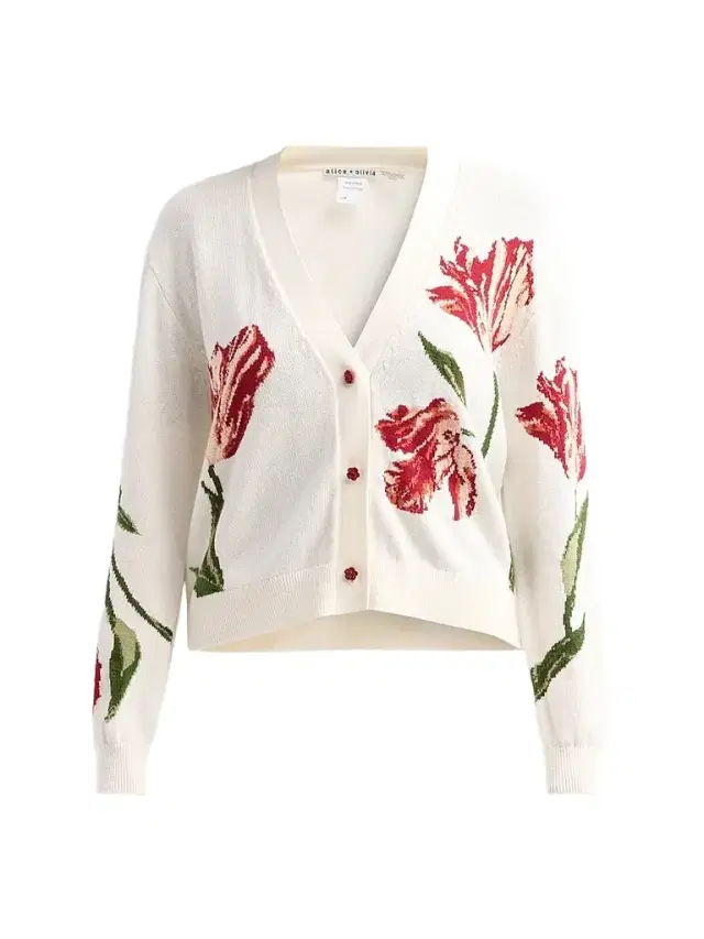 ALICE + OLIVIA Women's Bradley Floral Intarsia-Knit Short Cardigan - Soft White Multi
