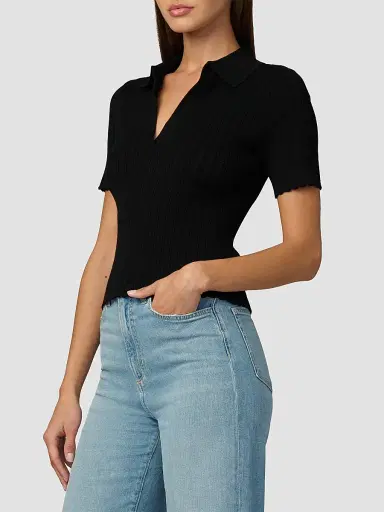 Joe's Jeans Women's The Jess Pointelle Polo Shirt - Black | Thumbnail 4