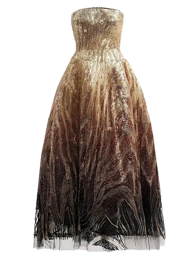 Oscar de la Renta Women's Beaded Sequin Moire Ombre Strapless Gown - Gold Multi
