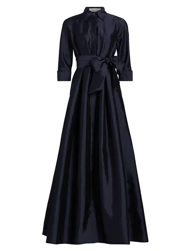 Teri Jon by Rickie Freeman Women's Shirt Waist Tafetta Gown - Navy
