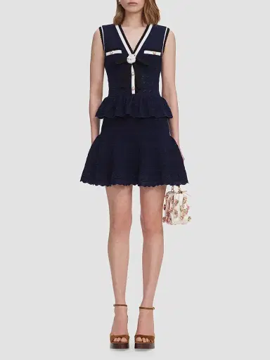 Self-Portrait Women's Pointelle Knit Peplum Mini Dress - Navy | Thumbnail 2