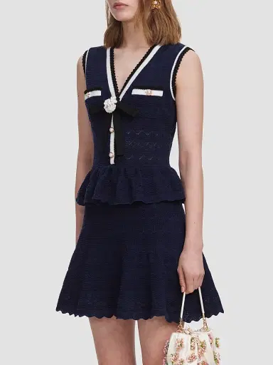 Self-Portrait Women's Pointelle Knit Peplum Mini Dress - Navy | Thumbnail 4