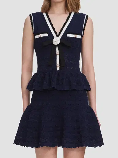 Self-Portrait Women's Pointelle Knit Peplum Mini Dress - Navy | Thumbnail 5