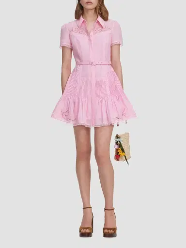 Self-Portrait Women's Embroidered Mini Shirtdress - Pink - Size 8 | Thumbnail 2