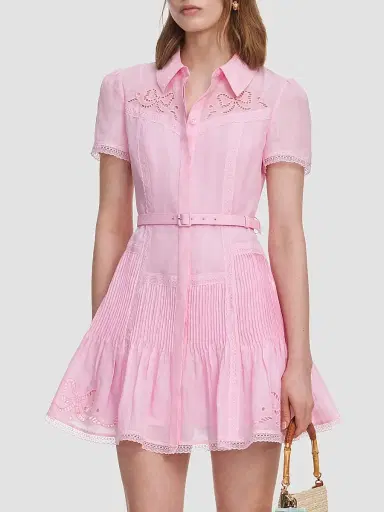 Self-Portrait Women's Embroidered Mini Shirtdress - Pink - Size 8 | Thumbnail 4
