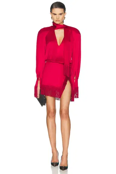 Rowen Rose Satin Fringe Mini Dress | Thumbnail 4