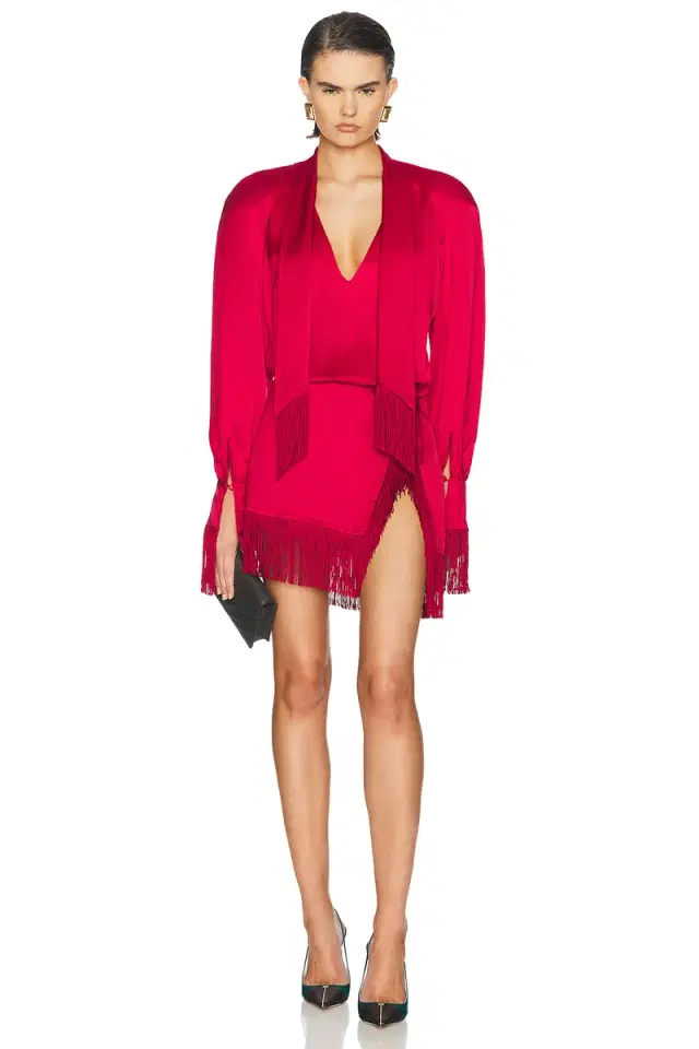 Rowen Rose Satin Fringe Mini Dress