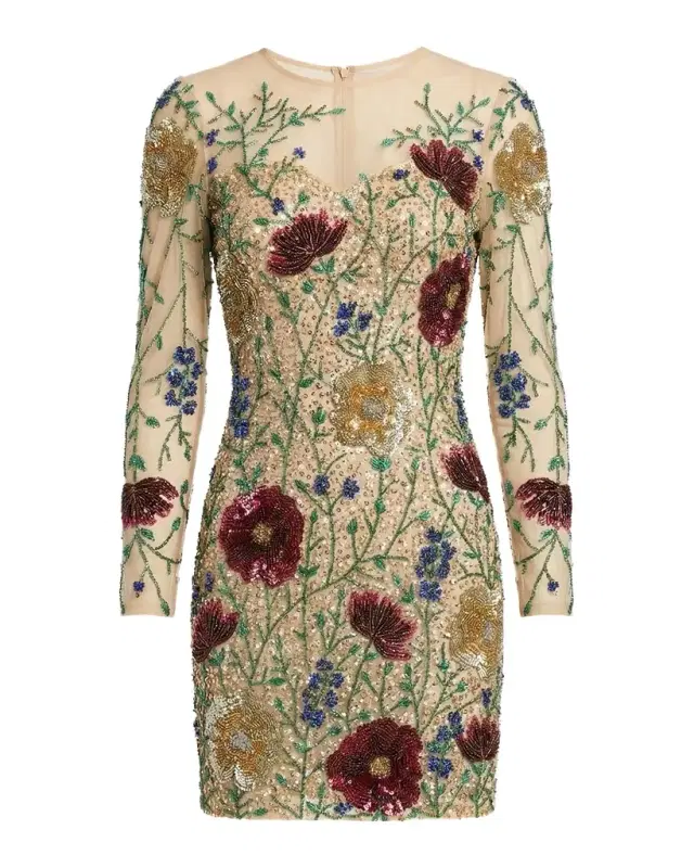 Mac Duggal Floral Beaded Sequin Mesh Mini Dress