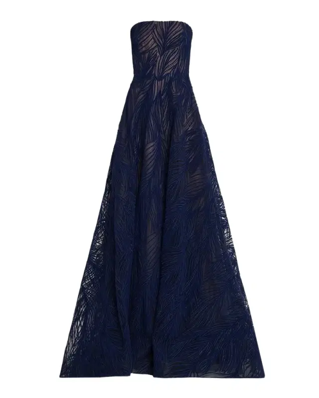 Naeem Khan Strapless Light Velvet Embroidered A-Line Gown