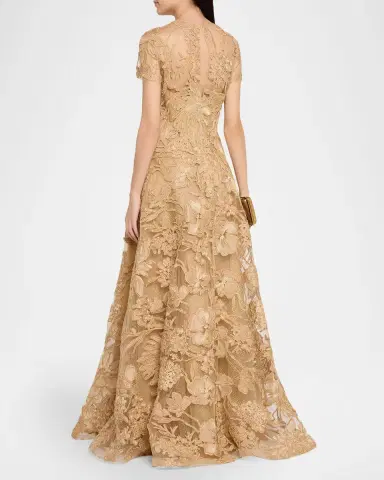 Naeem Khan Floral Raffia Short-Sleeve Gown | Thumbnail 3