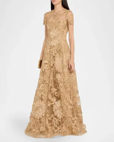 Naeem Khan Floral Raffia Short-Sleeve Gown | Thumbnail 4