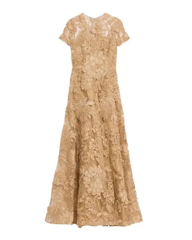 Naeem Khan Floral Raffia Short-Sleeve Gown