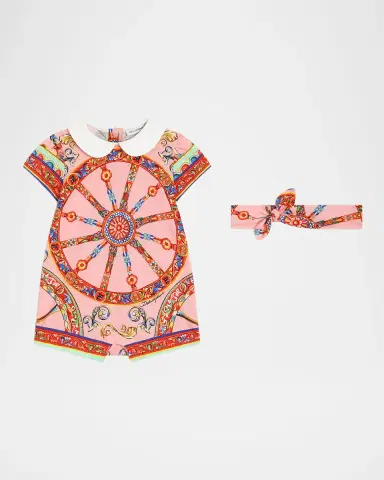 Dolce & Gabbana Girl's Carretto-Print Romper & Headband Set, Size 3M-24M | Thumbnail 3
