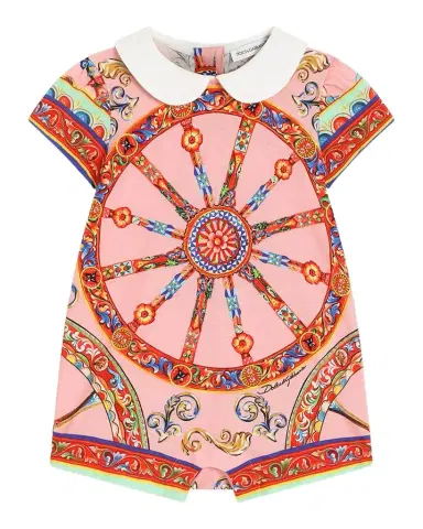 Dolce & Gabbana Girl's Carretto-Print Romper & Headband Set, Size 3M-24M | Thumbnail 1