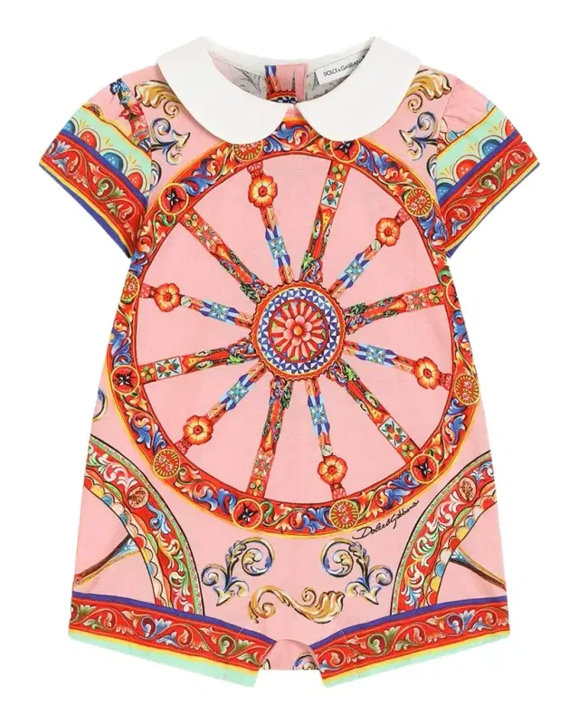 Girl's Carretto-Print Romper & Headband Set, Size 3M-24M
