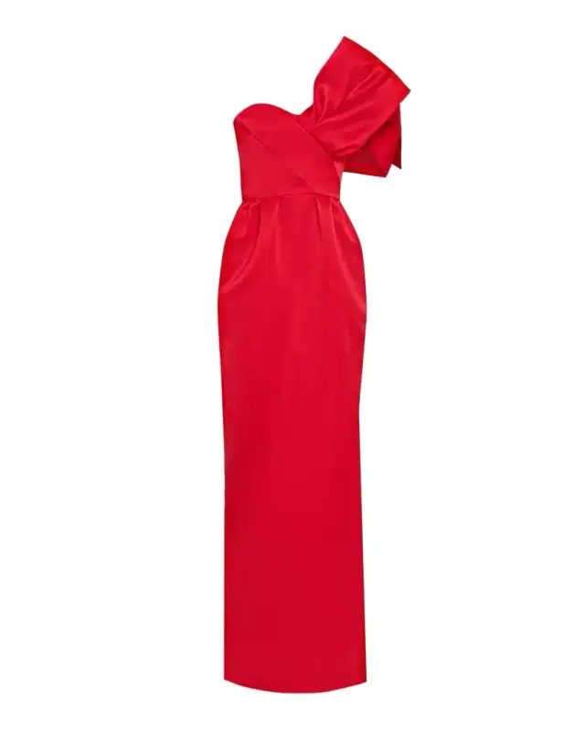 Atelier Prabal Gurung One-Shoulder Bow Satin Column Gown