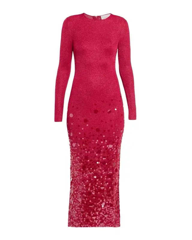 Carolina Herrera Sequined Long-Sleeve Shimmering Jersey Midi Dress