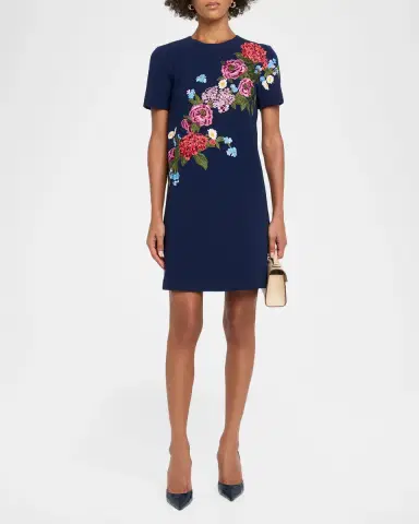 Carolina Herrera Floral Embroidered Crepe Short-Sleeve Mini Dress | Thumbnail 2 Carolina Herrera Floral Embroidered Crepe Short-Sleeve Mini Dress | Thumbnail 2