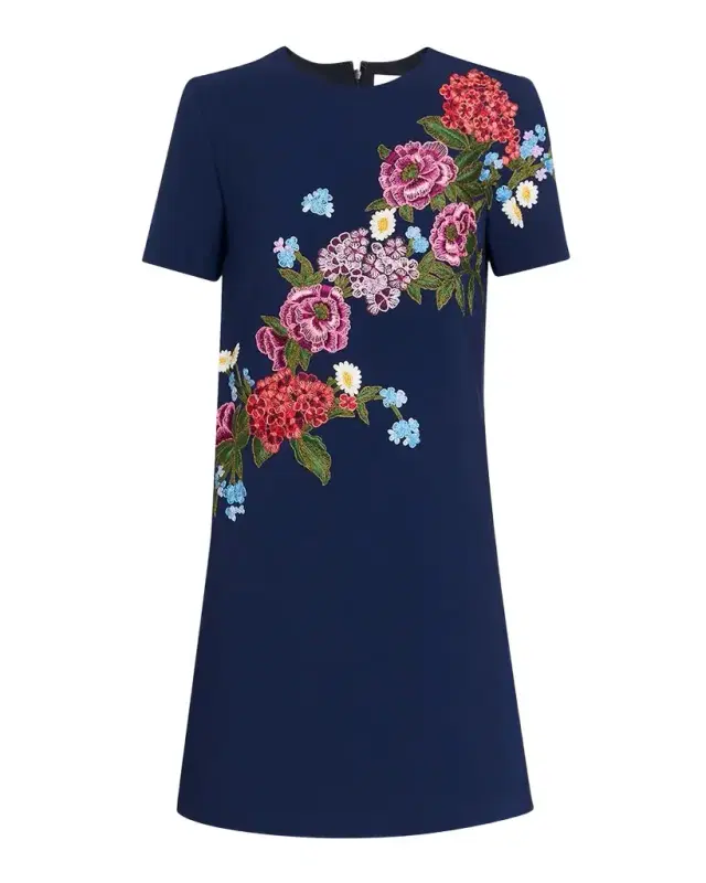 Carolina Herrera Floral Embroidered Crepe Short-Sleeve Mini Dress