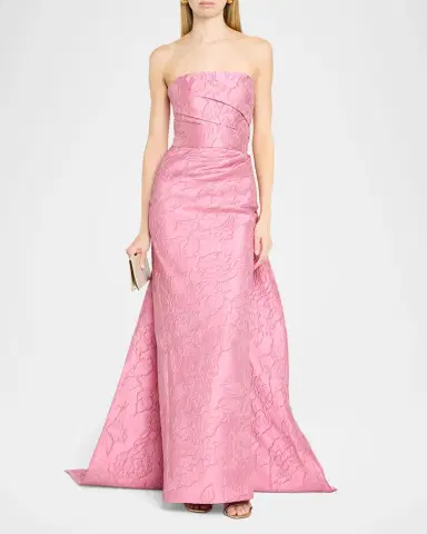 Monique Lhuillier Strapless Floral Jacquard Column Gown With Train | Thumbnail 2
