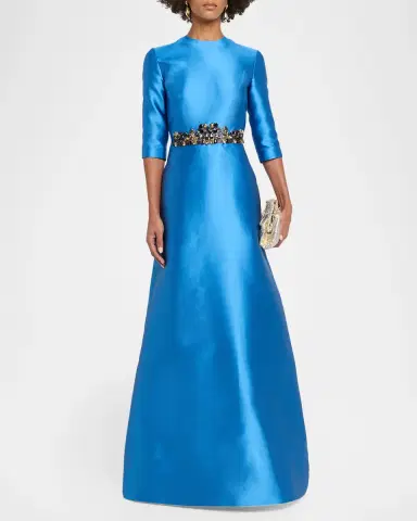 Reem Acra Crystal Embellished Mikado Silk 3/-Sleeve Gown | Thumbnail 2