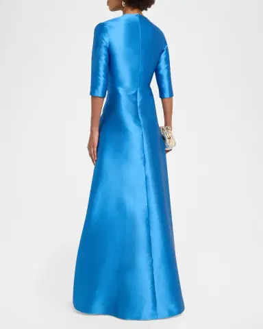 Reem Acra Crystal Embellished Mikado Silk 3/-Sleeve Gown | Thumbnail 3