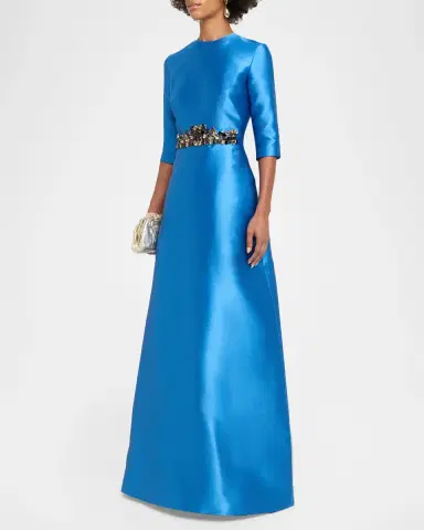 Reem Acra Crystal Embellished Mikado Silk 3/-Sleeve Gown | Thumbnail 4