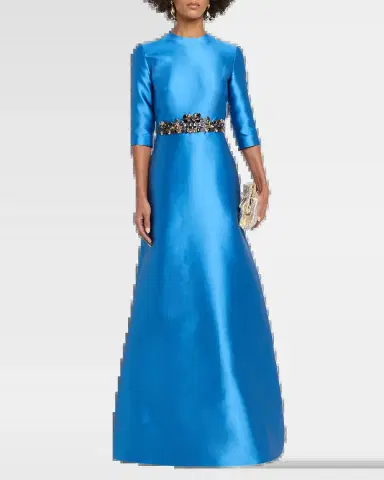 Reem Acra Crystal Embellished Mikado Silk 3/-Sleeve Gown | Thumbnail 6
