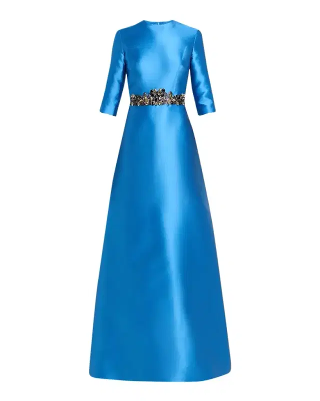 Crystal Embellished Mikado Silk 3/-Sleeve Gown