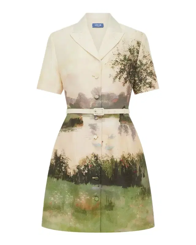 LEO LIN Brigitte Belted Landscape-Print Mini Dress