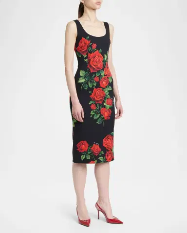 Dolce & Gabbana Rose-Print Sleeveless Midi Cocktail Dress | Thumbnail 4