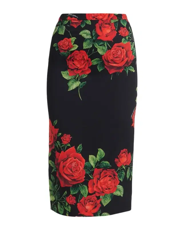Dolce & Gabbana Rose-Print Silk Midi Sheath Skirt