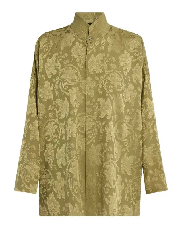 Eskandar Silk Jacquard Wide A-Line Double Stand Collar Shirt