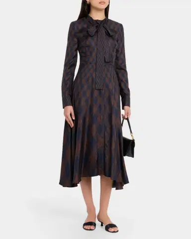 Oscar de la Renta Long-Sleeve Tie-Neck Argyle Silk Midi Dress | Thumbnail 2 Oscar de la Renta Long-Sleeve Tie-Neck Argyle Silk Midi Dress | Thumbnail 2