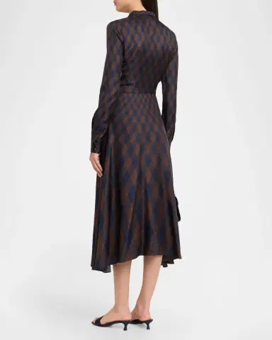 Oscar de la Renta Long-Sleeve Tie-Neck Argyle Silk Midi Dress | Thumbnail 3 Oscar de la Renta Long-Sleeve Tie-Neck Argyle Silk Midi Dress | Thumbnail 3