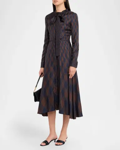 Oscar de la Renta Long-Sleeve Tie-Neck Argyle Silk Midi Dress | Thumbnail 4 Oscar de la Renta Long-Sleeve Tie-Neck Argyle Silk Midi Dress | Thumbnail 4