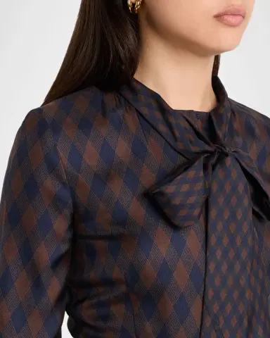 Oscar de la Renta Long-Sleeve Tie-Neck Argyle Silk Midi Dress | Thumbnail 5 Oscar de la Renta Long-Sleeve Tie-Neck Argyle Silk Midi Dress | Thumbnail 5